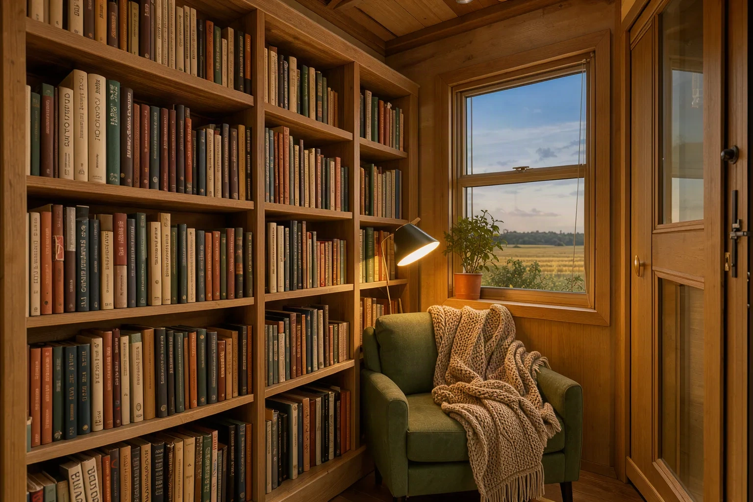 Coin lecture avec bibliothèque en chêne dans la tiny house