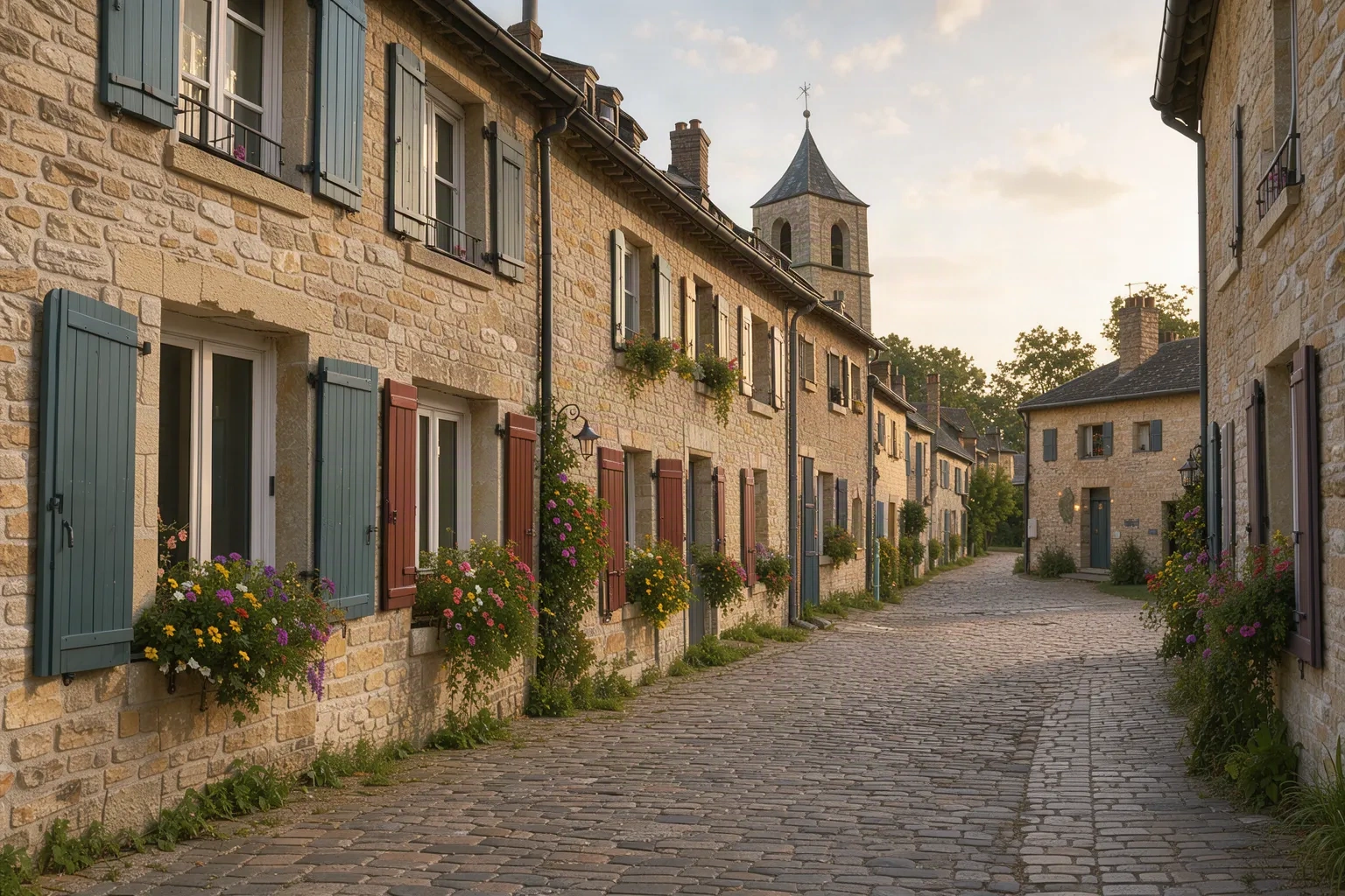 Rue pavée d'un village avec maisons en pierre