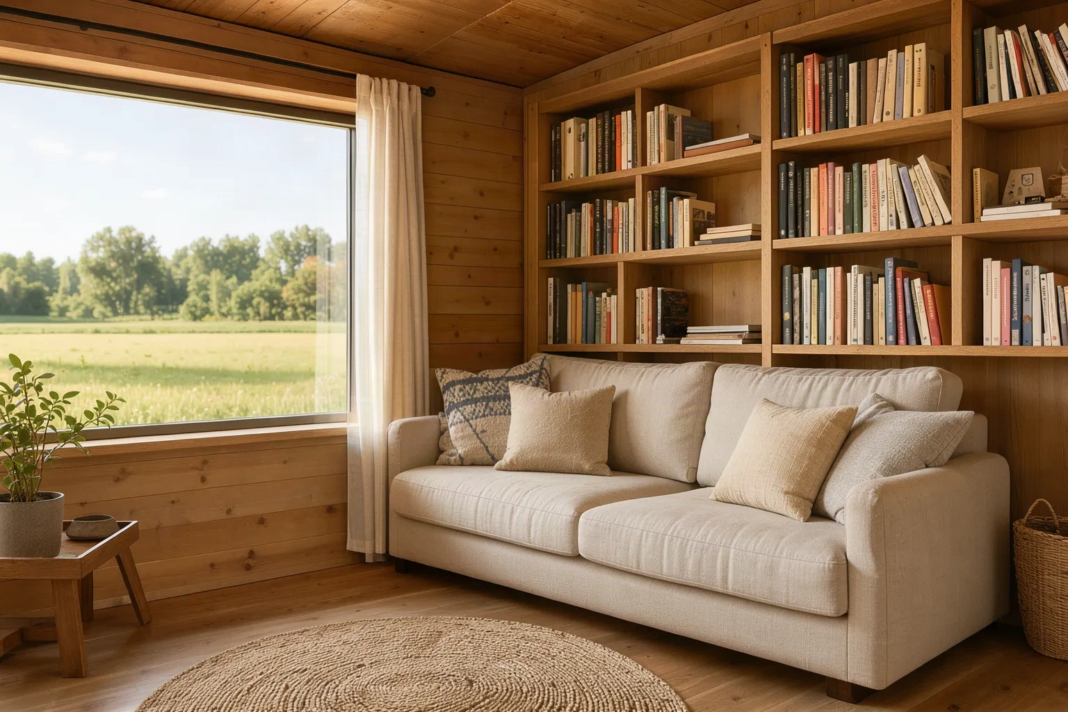 Salon de la tiny house avec canapé et bibliothèque